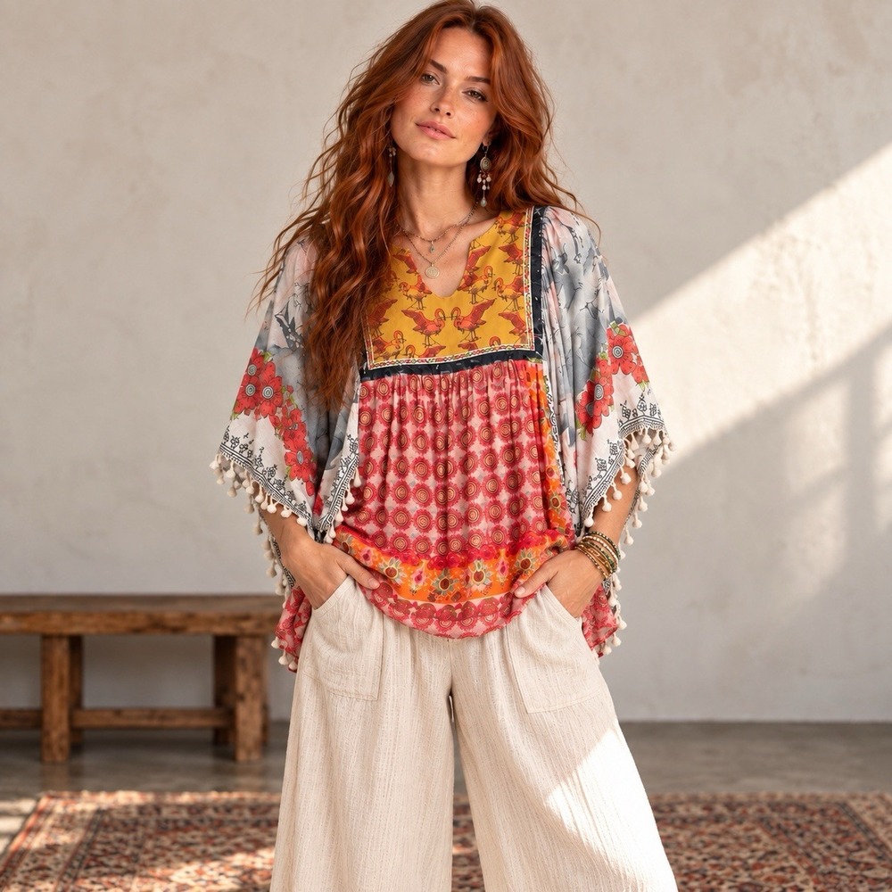Patchwork Boho Tunic Top Cotton Bird Floral Kimono Sleeve Tassel Art to Wear